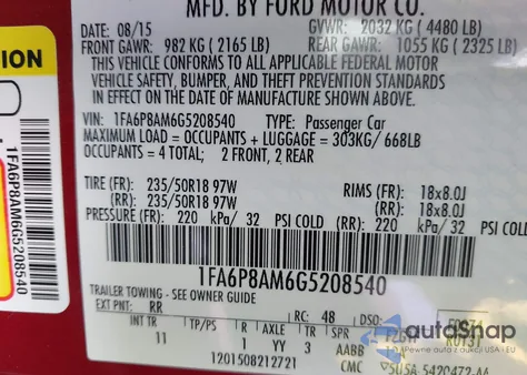 2016 Ford Mustang V6 z USA, uszkodzony, nr VIN 1FA6P8AM6G5208540